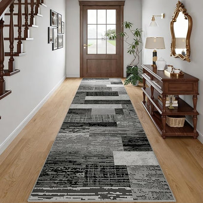 FlyDOIT Modern Geometric Patchwork Runner Rug, 2.7x10 Grey Runners for Hallways Non Slip, Washable Indoor Bedside Rugs for Bedroom, Floor Throw Carpet Runners for Entryway Kitchen Bathroom Laundry