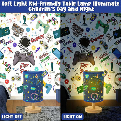 Kids Gaming Lamp for Boys Bedside Lamp with Linen Wooden Nightstand Cartoon Nursery Video Game Lampshade for Kids Gamer Decor