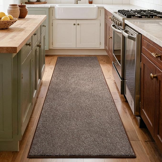 FinRèc 2x8 Washable Runner Rugs for Kitchen Hallway Bedroom, Low Pile Thin Rug Solid Color, Non-Slip Carpet Indoor for Home Decor (Brown/White)