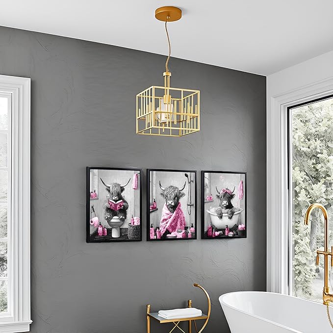 sechars Highland Cow Bathroom Wall Art 3 Piece Funny Bathroom Pictures Canvas Print Grey and Pink Decor (Pink)