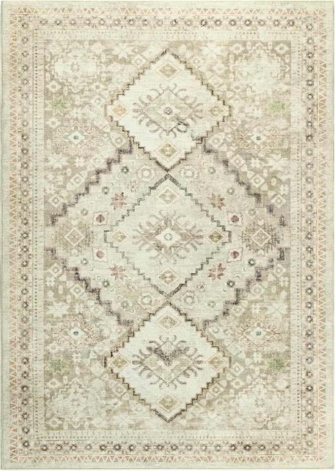 YOH Boho Washable Rug 6x9, Beige Grey Vintage Non Slip Area Rug, Distressed Indoor Carpet for Living Room Bedroom Kitchen Office