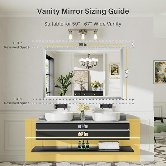 55x36 Inch Brushed Silver Bathroom Mirror for Wall, Thick Metal Framed Rectangle Mirrors for Over Sink, Bedroom, Living Room, Entryway, Anti-Rust, HD Tempered Glass