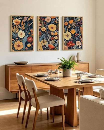 PHOPAGO Vintage Flower Framed Wall Art Large 16x24in Boho Colorful Floral Wall Decor Retro Botanical Wildflower Modern Art Prints Living Room Bedroom Home Decor - Natural Framed