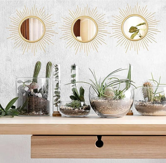 3 Set Sunburst Mirrors for Wall Decor Living Room Bedroom Bathroom Dining Room Metal Boho Sunburst Wall Mirror Set Gold Metal Vintage Circle Art Pack - Gold 15.7 in