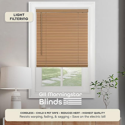 Cordless Light Filtering Mini Blind - 27 Inch Width, 72 Inch Length, 1" Slat Size - Woodtone - Cordless GII Morningstar Horizontal Windows Blinds for Interior by Achim Home Decor
