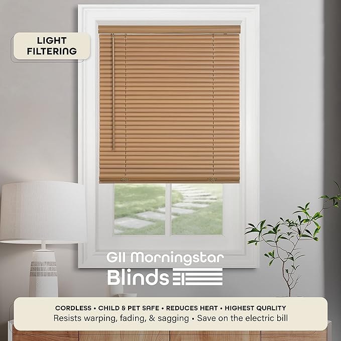 Cordless Light Filtering Mini Blind - 72 Inch Width, 64 Inch Length, 1" Slat Size - Woodtone - Cordless GII Morningstar Horizontal Windows Blinds for Interior by Achim Home Decor