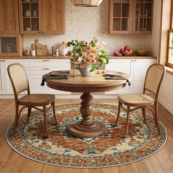 RELEANY Area Rugs Round 6ft Washable Non-Slip, Floral Vintage Distress Print Pattern Medallion Carpet for Living Room Bedroom Dining Room, Red Orange Blue Brown