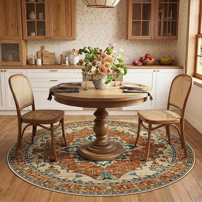 RELEANY Area Rugs Round 6ft Washable Non-Slip, Floral Vintage Distress Print Pattern Medallion Carpet for Living Room Bedroom Dining Room, Red Orange Blue Brown