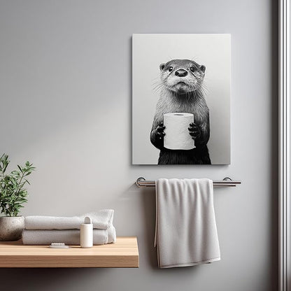 Black and White Bathroom Wall Art Canvas Framed Painting Otter with Toilet Paper Roll Humorous Animal Poster Wall Decor Artwork for Bathroom Guest Bath Decor 16x24 Inches