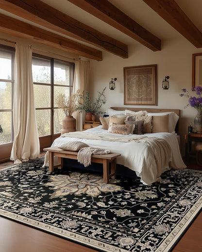 RELEANY Area Rugs 10'x14' Washable Non-Slip, Floral Vintage Distress Print Pattern Medallion Carpet for Living Room Bedroom Dining Room, Black Brown Neutral Dark Tan