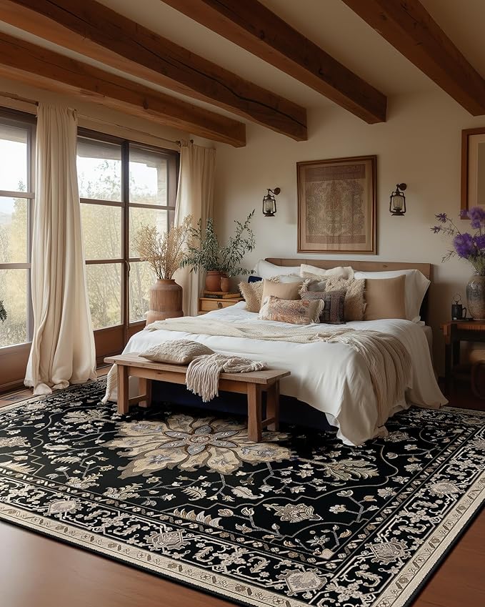 RELEANY Area Rugs 6'x9' Washable Non-Slip, Floral Vintage Distress Print Pattern Medallion Carpet for Living Room Bedroom Dining Room, Black Brown Neutral Dark Tan