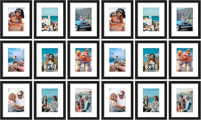 Vittanly 8x10 Picture Frames Set of 9, Shatter Resistant Plexiglass, Display 5x7 Pictures with Mat or 8x10 without Mat, Photo Frames for Wall or Tabletop, Engineered Wood, Black (Pack of 2)