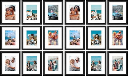 Vittanly 8x10 Picture Frames Set of 9, Shatter Resistant Plexiglass, Display 5x7 Pictures with Mat or 8x10 without Mat, Photo Frames for Wall or Tabletop, Engineered Wood, Black (Pack of 2)