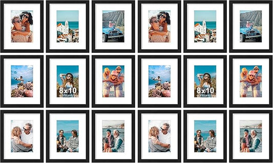 Vittanly 8x10 Picture Frames Set of 9, Shatter Resistant Plexiglass, Display 5x7 Pictures with Mat or 8x10 without Mat, Photo Frames for Wall or Tabletop, Engineered Wood, Black (Pack of 2)