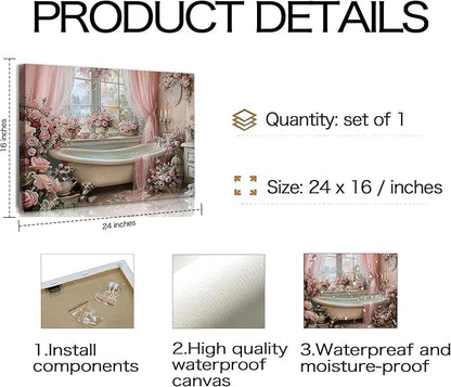 Frimeeme Vintage Pink Roses Bathtub Canvas Wall Art, Luxury Floral Bathroom Decor, for Bathroom Farmhouse Laundry Room Powder Room,16x24 Inches, Framed