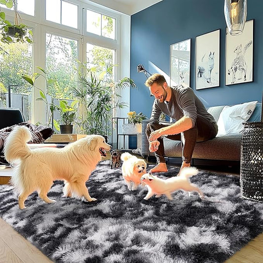 Plush Rugs for Living Room Shaggy Soft Area Rug High Pile Fuzzy Rug Non-Slip Indoor Floor Carpet Plush Area Rugs for Living Room Tie Dye Black White 9x12