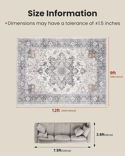 AMADA HOMEFURNISHING 9x12 Washable Area Rug, Low-Profile Large Area Rug with Non-Slip Backing & Durable Edge Binding, Vintage Large Rugs for Living Room, Bedroom & Dinning Room