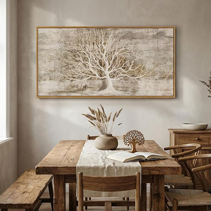 Large Framed Tree of Life Wall Art for Living Room, Rustic Farmhouse Abstract Tree Canvas Painting Print Artwork for Walls, Modern Neutral Forest Picture for Bedroom Office Wall Decor, 60x30 In