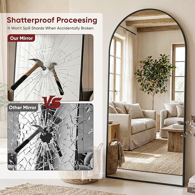 Antok Full Length Floor Mirror Arched Standing Mirror with Aluminum Frame - Freestanding Wall Mount Leaning Body Mirror for Bedroom Living Room Entryway, 76" L x 34" W, Black