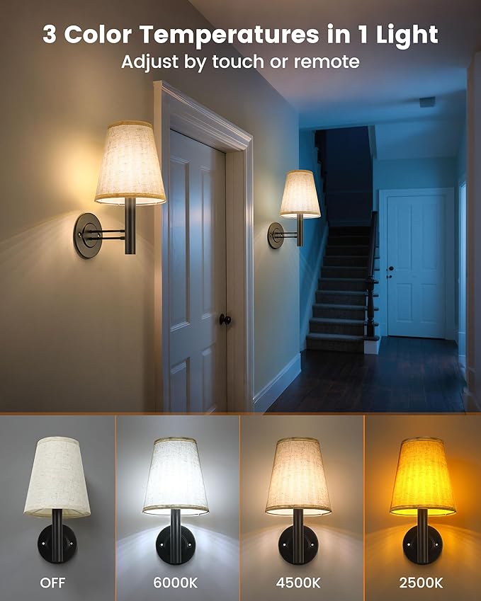 TECOMLIGHT Rechargeable Battery Operated Wall Sconce Set of 2, Wireless LED Wall Lights with Remote & Touch Control, Wall Mounted Lamp Lighting Fixtures for Bedroom Living Room, Matte Black
