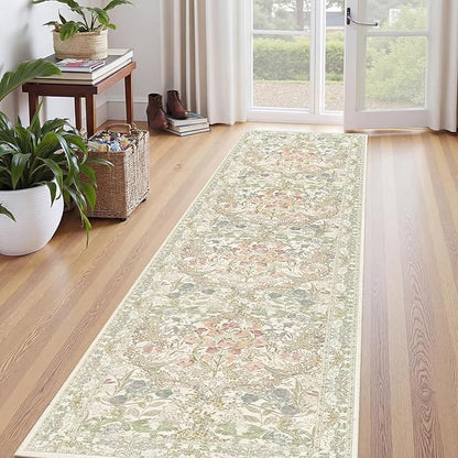 Vintage Sage Green 2'6" x 8' Runner Rug for Hallway, Kitchen, Bathroom, Entryway Indoor, Washable Non Slip Rubber Backing Stain Resistant - Botanical Home Decor