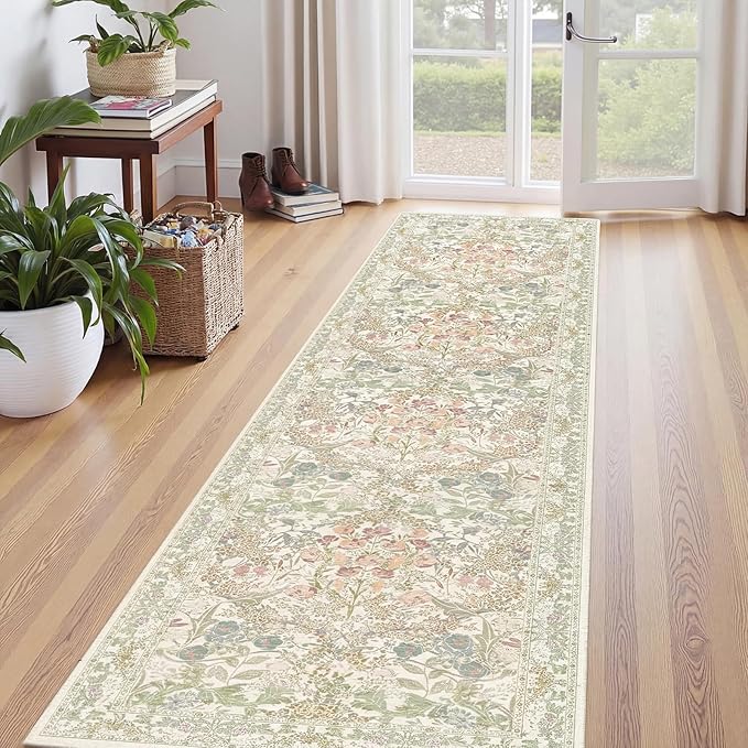 Lunasun Sage Green Washable 2'6"x10' Wide Hallway Runners, Kitchen Runner Rug, Non-Slip & Stain Resistant 10ft Long Floor Rug, Retro Light Green Boho Floral Décor