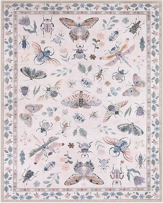 Lahome Insect 9x12 Area Rugs for Living Room Bedroom, Soft Washable Rugs 9x12 Stain Resistant, Ultra-Thin Non-Slip Non-Shedding Accent Carpet for Dining Room Office Vionnet, Pink