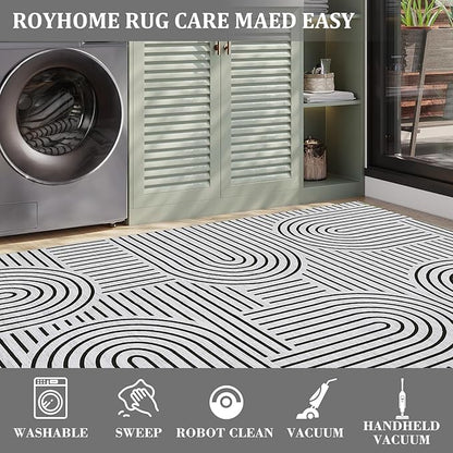 Washable Rug 2x3 Area Rugs for Entryway, Abstract Rug for Bedroom, Soft Rainbow Non Slip Small Area Rug with Rubber Back, Low Pile Stain Resistant Boho Geometric Carpet for Dining Room, Blackwhite