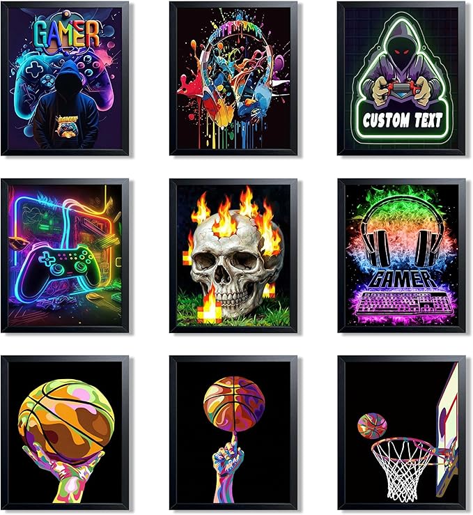 Neon Gamer and Basketball Wall Art Set of 9, Cool Gaming Headset Skull Controller Sports Canvas Prints, Colorful Graffiti Style Posters for Boys Teen Bedroom Game Room Wall Decor 8x10 Inch Unframed