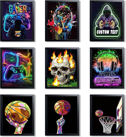 Neon Gamer and Basketball Wall Art Set of 9, Cool Gaming Headset Skull Controller Sports Canvas Prints, Colorful Graffiti Style Posters for Boys Teen Bedroom Game Room Wall Decor 8x10 Inch Unframed