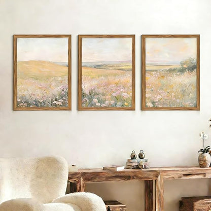 Framed 3Pcs FloralLandscape Canvas Wall Art French Country Painting Picture Wall Decor Vintage Country Wildflower Print Farmhouse Poster Artwork for Living Room Bedroom Home Decoration