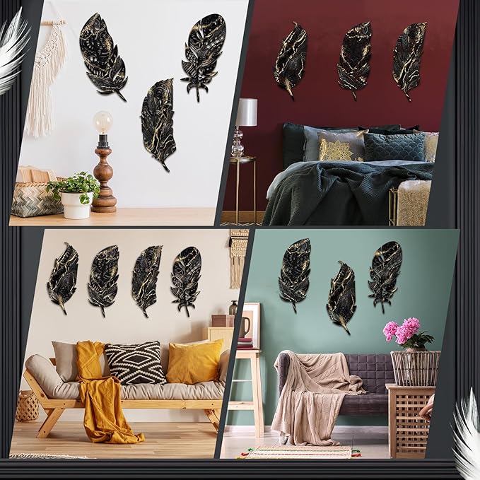 Qunclay 4 Pieces Feather Wall Decor Wooden Feather Wall Art Boho Wall Decor Laser Cut Hanging Mandala Large Rustic Farmhouse Wood Sign for Home Living Room Bedroom Bathroom Kitchen(Black, Gold)