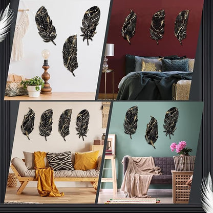 Qunclay 4 Pieces Feather Wall Decor Wooden Feather Wall Art Boho Wall Decor Laser Cut Hanging Mandala Large Rustic Farmhouse Wood Sign for Home Living Room Bedroom Bathroom Kitchen(Black, Gold)