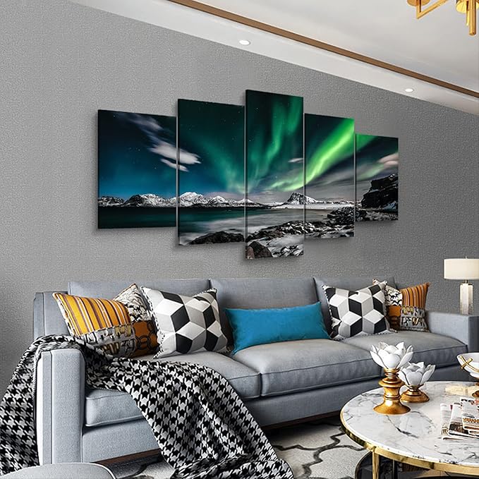 Northern Lights Canvas Print - Aurora Borealis Canvas Wall Art Painting for Living Room Snowy-Mountains-Landscape Poster Picture Wooden Framed Prints Ready to Hang (E-5pcs,80"x40")