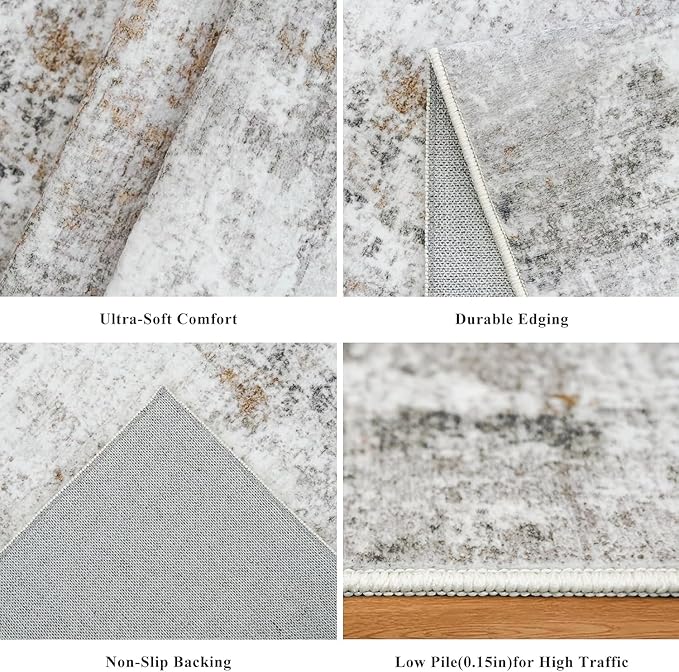 12x12ft Square Living Room Rug – Non-Slip Washable Extra Large Floor Carpet for Bedroom, Dining Room, Playroom Room – Modern Abstract Neutral Thin Low-Pile Big Indoor Rug (Beige Grey)