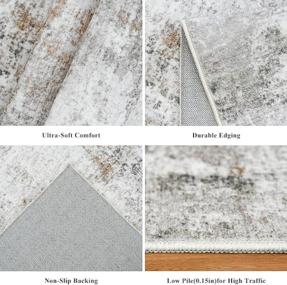 12x12ft Square Living Room Rug – Non-Slip Washable Extra Large Floor Carpet for Bedroom, Dining Room, Playroom Room – Modern Abstract Neutral Thin Low-Pile Big Indoor Rug (Beige Grey)
