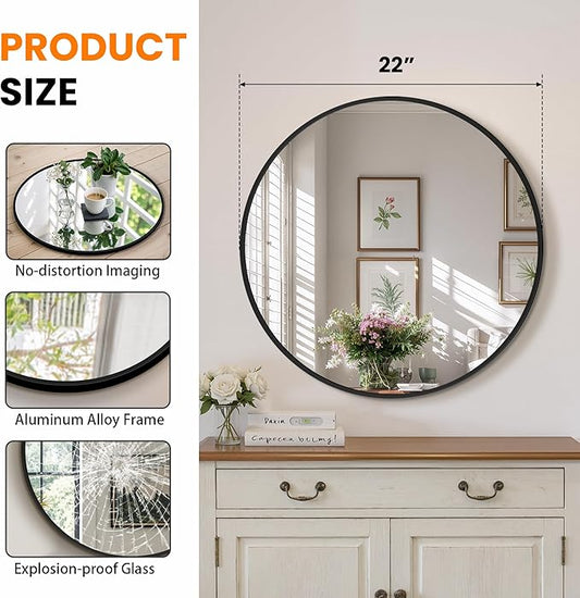22 Inch Round Bathroom Mirror, 2 Pack Black Metal Framed Circle Wall Mirror for Over Sink, Modern Vanity Mirror for Bathroom with Tempered Glass