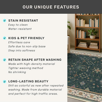 Hazo Haus Dark Green 2x8 Non Slip Kitchen Runner Rugs - Modern Vintage Boho Eclectic Floral Pattern, Washable Low Pile Non-Slip 8ft Long Runner Rugs for Hallway, Entrance