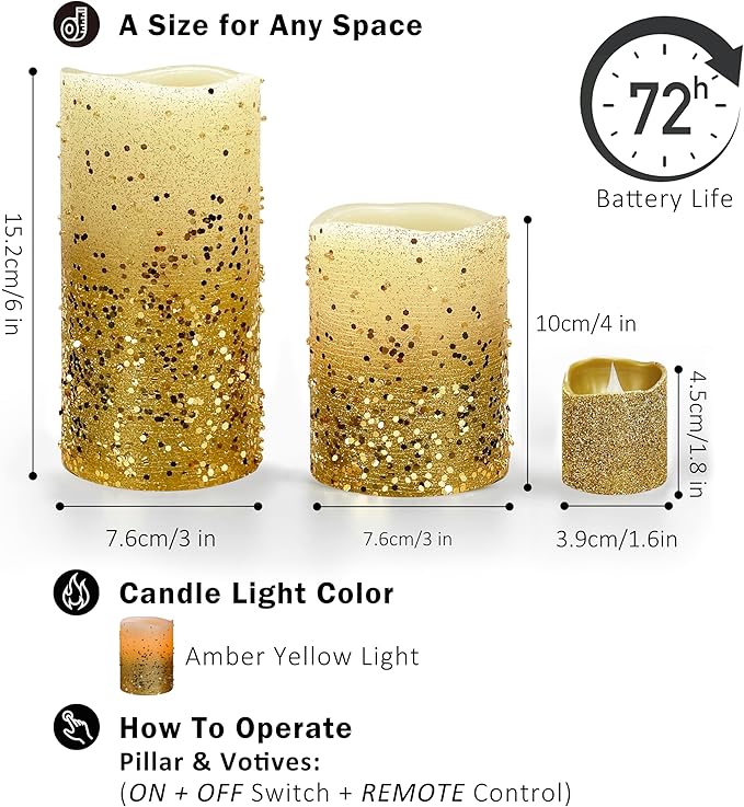 FURORA LIGHTING Gold Glitter Flameless Candles - Real Wax, Adjustable Brightness, Remote & Timer - 4 Pillars (3x4, 3x6) and 4 Votives, 8-Pack, Battery Operated