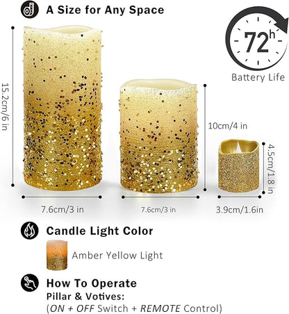 FURORA LIGHTING Gold Glitter Flameless Candles - Real Wax, Adjustable Brightness, Remote & Timer - 4 Pillars (3x4, 3x6) and 4 Votives, 8-Pack, Battery Operated