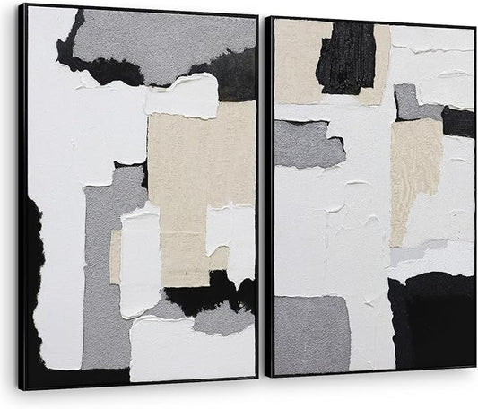 3D Textured Wall Art Hand-painted Neutral Black White Beige Tones Abstract Plaster Painting - Distressed Dimensional Minimalist Modern Living Room Bedroom Decor Framed Set of 2-24"x36" Each