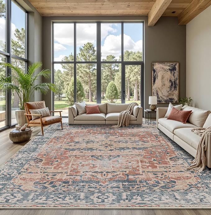 Rugxara 9x12 Area Rugs for Living Room Bedroom, Large Washable Rug, Coral Vintage Retro Boho Rug, Non Slip & Low Pile Faux Wool Thin Carpet for Indoor Dining Room, Kids Room(Coral Blue 9x12ft)
