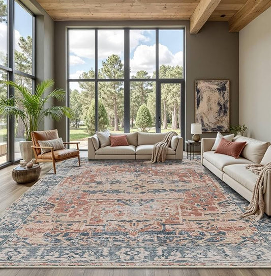 Rugxara 9x12 Area Rugs for Living Room Bedroom, Large Washable Rug, Coral Vintage Retro Boho Rug, Non Slip & Low Pile Faux Wool Thin Carpet for Indoor Dining Room, Kids Room(Coral Blue 9x12ft)