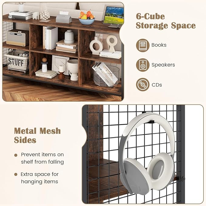 Giantex Industrial TV Stand for TVs up to 65 Inch, 3-Tier Entertainment Center with Power Outlets, Metal Mesh Sides & 2 Cable Holes, 6-Cube TV Console Table for Living Room, Bedroom, Rustic Brown