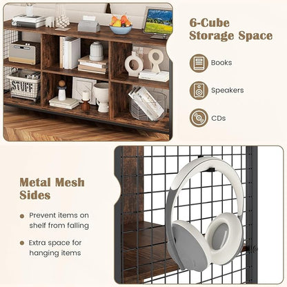 Giantex Industrial TV Stand for TVs up to 65 Inch, 3-Tier Entertainment Center with Power Outlets, Metal Mesh Sides & 2 Cable Holes, 6-Cube TV Console Table for Living Room, Bedroom, Rustic Brown
