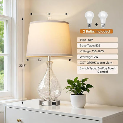 QiMH Glass Table Lamps for Living Room, Bedside Lamps Set of 2 with USB A+C Charging Ports, 3 Way Dimmable Touch Lamps for Nightstand, 22.5" Modern Table Lamp for Bedroom Office, LED Bulbs Included