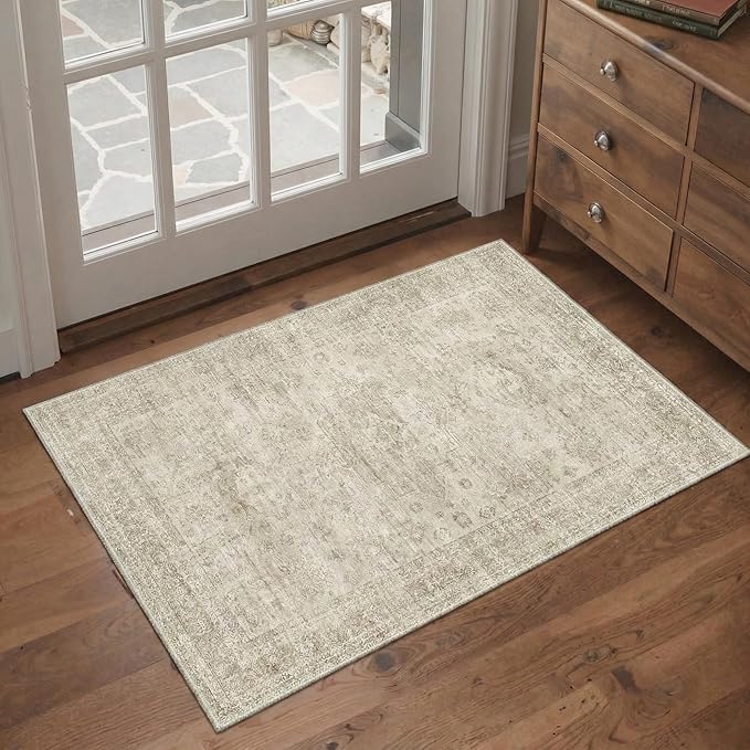 GENIMO 6x9 Area Rugs for Living Room, Machine Washable Non Slip Vintage Rugs, Low Pile Lightweight Chenille Print Rug for Bedroom, Dining Room, Home Office, Ivory