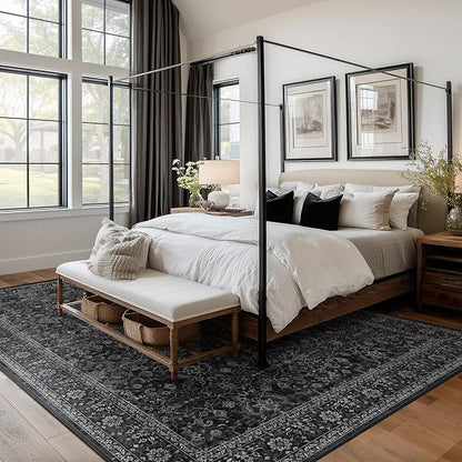 Dark Big Rug 10x12, Vintage Carpet Large Size 10x12 for Living Room Bedroom, Washable Non Slip Low Pile Thin Room Rug for Dining Room Family Room, Farmhouse Earth Tone Midnight