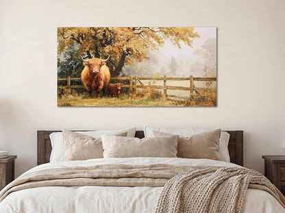 Ardemy Highland Cow Wall Art Mother and Baby Hand-painted Texture Canvas Painting 40"x20" Rustic Farmhouse Decor for Living Room Bedroom Home Office Animal Picture Artwork