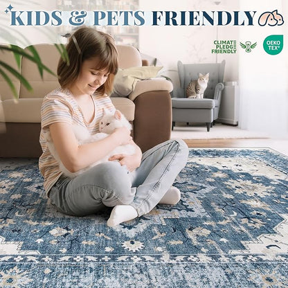 Area Rug 6x9 Vintage Rug: Washable Indoor Medallion Rugs Low Pile Distressed Floor Carpet Retro Accent Rug for Living Room Bedroom Kitchen Dining Table Home Office(Blue, 6'x9')